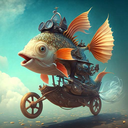 A pirate fish riding a tricicle