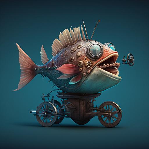 A pirate fish riding a tricicle