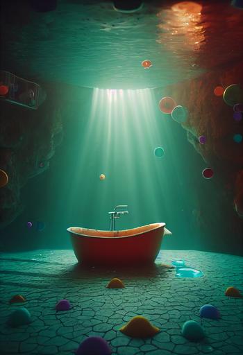 A pirate ship shaped sponge inside a bathtub filled with water and filled with soap suds and bubbles, perspective from inside bathtub, fish eye lens, photorealism, cute, fun bright colours, ctane render, unreal, lighting rendered in Unreal Engine 5 and Cinema4k, --ar 2:3 --test --creative --video