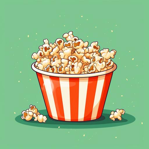 A plain orange paper bowl of popcorn with piri piri powder sprinkled on the popcorn, the red poswer is easily visble on the popcorn, animated style, cartoon type, cute and delicious, mint green background in the image