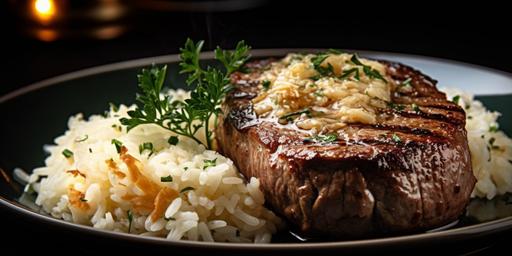 A plate of filet mignon with Catupiry cheese and garlic rice. The image will be used on the menu of a high-end gourmet restaurant, and it should tantalize the customers' desire to order this special dish --ar 18:9 --v 5.0 --s 750