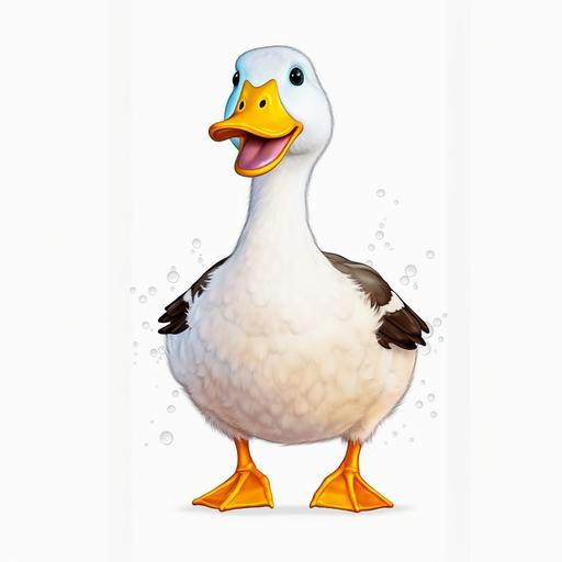 A playful duck with a curious expression, winking mischievously while splashing in a puddle, wearing a tiny bowtie, and covered in vibrant yellow feathers, digital drawing cartoon sticker, image black border Color, full body, flat texture cartoon style, transparent background