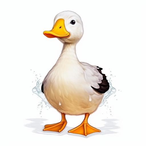 A playful duck with a curious expression, winking mischievously while splashing in a puddle, wearing a tiny bowtie, and covered in vibrant yellow feathers, digital drawing cartoon sticker, image black border Color, full body, flat texture cartoon style, transparent background