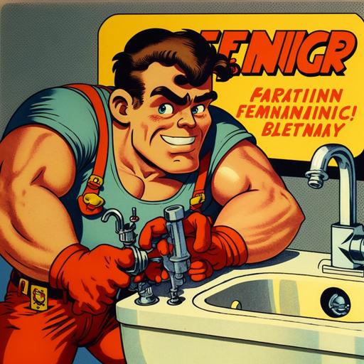 A plumber repairing a sink, cartoon, propaganda, 70's advertising