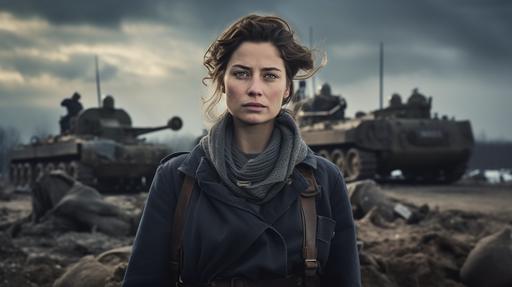 A poignant image of a French female resistance fighter from World War II, standing atop a captured German Panzer. She is wearing a mix of civilian clothes and military gear, symbolizing the bravery of women in the French Resistance. The background features a liberated French village. Captured with the Sony FX3 cinematic ILME-FX3, using the Sony FE 24–70 mm ƒ/2,8 GM lens --ar 16:9