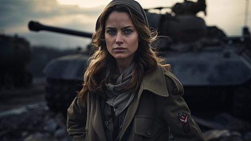 A poignant image of a French female resistance fighter from World War II, standing atop a captured German Panzer. She is wearing a mix of civilian clothes and military gear, symbolizing the bravery of women in the French Resistance. The background features a liberated French village. Captured with the Sony FX3 cinematic ILME-FX3, using the Sony FE 24–70 mm ƒ/2,8 GM lens --ar 16:9