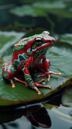 A poison dart frog with skin that looks like it's a red white green christmas ugly sweater, sits on a lily pad in the amazon --ar 9:16 --v 6.0