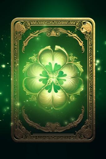 A poker card displaying the Queen of Green carnation Clover logo as the central design element. • (Medium) Digital artwork with high attention to detail, capturing the essence of a classic playing card. • (Styles) Casino culture, card games, vintage aesthetics, lucky charms. • (Lighting) Illuminated by a soft, warm spotlight to enhance the elegance and allure of the card. • (Colors) Rich and vibrant shades of green for the clover symbol, with gold accents and intricate patterns to convey a sense of luxury and tradition. • (Composition) The Queen of Green Clover logo takes center stage on the card, surrounded by elaborate floral motifs and delicate filigree. The card’s border features intricate designs, giving it an ornate and sophisticated appearance. The background may include subtle card suits or casino-inspired elements to reinforce the poker theme. --ar 2:3 --upbeta --q 2 --s 750 --v 5.1 --style raw