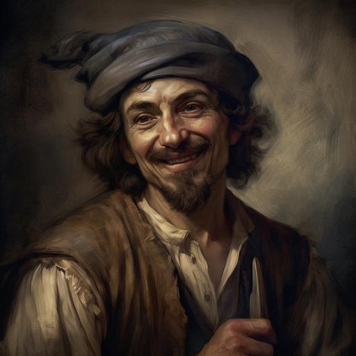A portrait capturing an evil smiling young medieval merchant, frayed attire, tightly clutching a knife (medium: oil painting)(style: executed in the romantic and atmospheric nuances of J. M. W. Turner)(lighting: soft, diffused, evoking a sense of melancholy and impending doom)(colors: muted earth tones, deep blues and grays, with subtle hints of gold and crimson)(composition: framed tightly on the merchant's face and upper torso, using a portrait lens to emphasize emotion and facial detail). --v 5.0 --s 750