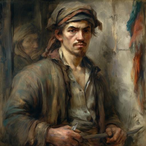 A portrait capturing an evil smiling young medieval merchant, frayed attire, tightly clutching a knife (medium: oil painting)(style: executed in the romantic and atmospheric nuances of J. M. W. Turner)(lighting: soft, diffused, evoking a sense of melancholy and impending doom)(colors: muted earth tones, deep blues and grays, with subtle hints of gold and crimson)(composition: framed tightly on the merchant's face and upper torso, using a portrait lens to emphasize emotion and facial detail). --v 5.0 --s 750