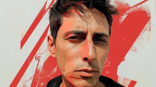 A portrait in the style of Shepard Fairey, showcasing a young man with a confident and thoughtful expression. The image is rendered in a bold graphic style, using a limited but striking color palette of red, black, and white. The young man's face is stylized with sharp contrasts and clean lines, capturing the essence of urban street art. Behind him, a backdrop of geometric patterns and subtle symbolic imagery, perhaps hinting at a broader social or political theme. The overall composition is reminiscent of a powerful propaganda poster, reflecting the impactful and iconic style of Shepard Fairey. --ar 16:9 --v 6.0