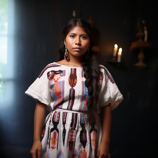 https://s.mj.run/M0GqmK1_BAk https://s.mj.run/b0ViXqe3OgU A portrait of Yalitza Aparicio as Apolina Sabina wearing a Mazatec huipil dress in a dark room holding a candle. Cinematic lighting, hyperrealism, photorealistic. --s 750 --ar 1:1