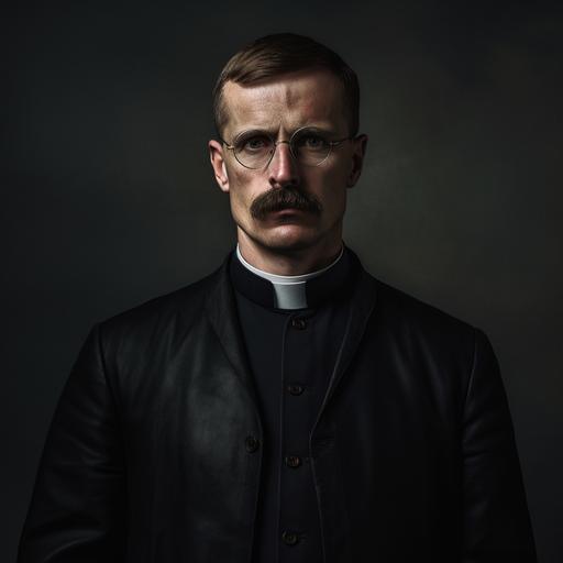 A portrait of a 50 years old priest with a mustache and wearing glasses, slim body, from the year 1920