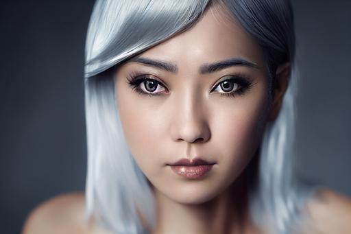 A portrait of a beautiful woman with silver hair and gold eyes, wearing cosplay outfit, facial symmetry, close up, facing forward, japenese dojo background   150mm lens   8k   UHD   photorealistic   HDR   FStop 1.8   High octane render   Unreal engine 5   cinematic   highly detailed   ray tracing --ar 16:9 --testp --upbeta