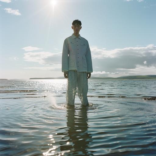 A portrait of a man is stood in the middle of the tied in water from beach with a backdrop spring high-fashion-fashion men's merch, in the style of light blue colour high fasion, meticulously crafted scenes, scottish themes, soft sculpture, embodying the ethos of high-end fashion exemplified by brands like barbour and fred perry. Envision an editorial-style composition where the subject, the man is wearing minimal designed clothes, the clothes are wet from the water, overcast sky with sun piercing through, style of a 35mm film FUJIFILM X100F
