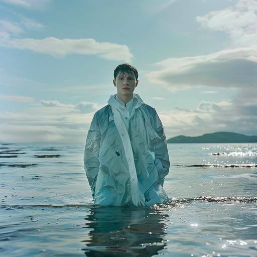 A portrait of a man is stood in the middle of the tied in water from beach with a backdrop spring high-fashion-fashion men's merch, in the style of light blue colour high fasion, meticulously crafted scenes, scottish themes, soft sculpture, embodying the ethos of high-end fashion exemplified by brands like barbour and fred perry. Envision an editorial-style composition where the subject, the man is wearing minimal designed clothes, the clothes are wet from the water, overcast sky with sun piercing through, style of a 35mm film FUJIFILM X100F