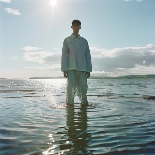 A portrait of a man is stood in the middle of the tied in water from beach with a backdrop spring high-fashion-fashion men's merch, in the style of light blue colour high fasion, meticulously crafted scenes, scottish themes, soft sculpture, embodying the ethos of high-end fashion exemplified by brands like barbour and fred perry. Envision an editorial-style composition where the subject, the man is wearing minimal designed clothes, the clothes are wet from the water, overcast sky with sun piercing through, style of a 35mm film FUJIFILM X100F --v 6.0