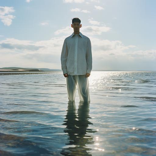 A portrait of a man is stood in the middle of the tied in water from beach with a backdrop spring high-fashion-fashion men's merch, in the style of light blue colour high fasion, meticulously crafted scenes, scottish themes, soft sculpture, embodying the ethos of high-end fashion exemplified by brands like barbour and fred perry. Envision an editorial-style composition where the subject, the man is wearing minimal designed clothes, the clothes are wet from the water, overcast sky with sun piercing through, style of a 35mm film FUJIFILM X100F --v 6.0