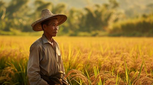 A portrait photo of a thailand farmer ,no deformations ,sharp features ,male anatomy, walking in a field full of rice plants ,detiled ,shot using a sony mirrorless camera , photo real --ar 16:9 --v 6.0