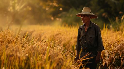 A portrait photo of a thailand farmer ,no deformations ,sharp features ,male anatomy, walking in a field full of rice plants ,detiled ,shot using a sony mirrorless camera , photo real --ar 16:9 --v 6.0