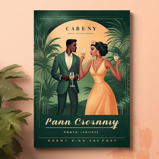 A poster flyer for an anniversary of a fancy cocktail party with this color palette. A modern 50's look party. We can see beautiful and elegant young people celebrating in a fancy enviroment in huge vintage mansion party. The mansion is dark green and has this cuban classic look with giant palms, and a peach sunset. Everybody has fancy design cocktails. The color palette is melon, forest green, dark olive green and ligh yellow.