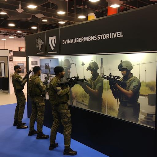 A poster for a defence exhibition. The poster is for Modular Composite Indoor Shooting Range showing 6 indian special forces shooters. The shooters are standing inside a very modern looking indoor shooting range with 6 firing booths made of bullet proof glass. The firing booth has a table where they have kept extra magazines and ammunition. They are firing using IWI Tavor 21 rifles. The target system they are firing at is an overhead retrieval target system with a blue color figure 12 target paper You can see a total containment steel bullet trap in the picture. Each of the Firing Booth has a 10 inch monitor suspended form the roof, where each firer can see an image of his target showing the hits and a tally of his score on the right of the screen with a total aggregate score below and MPI. The indoor shooting range has the latest technology. The posted should be of wall with a size of 950x1200mm. The branding of AIMTREX should be clear in the image.