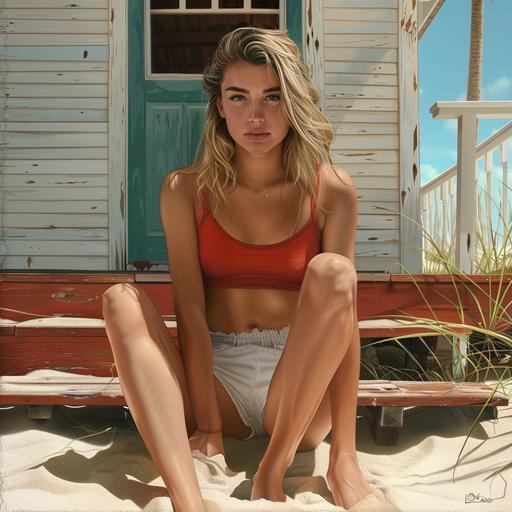A poster of a highly detailed and realistic render of A young Caucasian woman with blonde streaks throughout her dark blonde hair, wearing white shorts and a red tank top while sitting on the front porch steps of the the beach house yards away from the white sand beach in front of her.