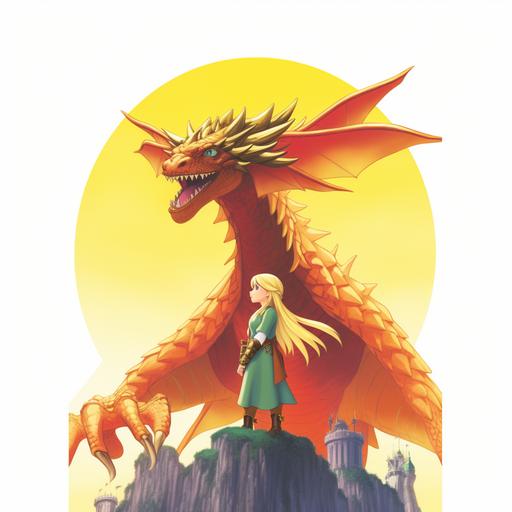 A poster on a white background with a yellow-scaled dragon in the middle with yellow and green gradient wings, the tips of the wings are green and the part near the body is yellow. Dragon horns and claws are green. Dragon crouching on the ground, in front of the dragon stands a girl with long blond hair and red dress. On the other side stands a boy with short black hair, and the boy is holding a sword. This poster is the look of three-dimensional animation.