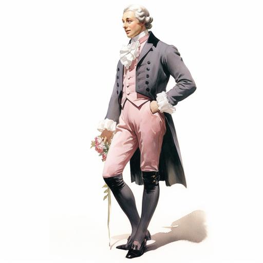 A powdered wig and a simple, formal, black suit consisting of tailcoat, waistcoat, breeches and the usual white shirt, but with raspberry pink stockings and a raspberry silk flower on the lapel.