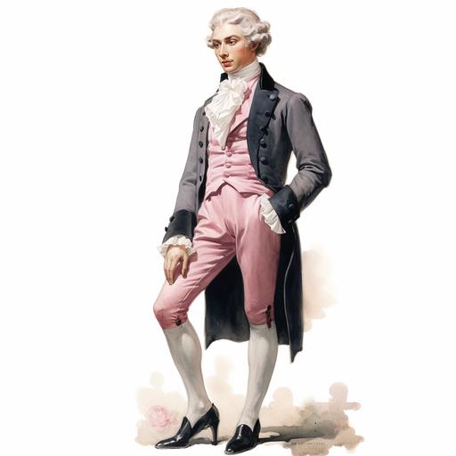 A powdered wig and a simple, formal, black suit consisting of tailcoat, waistcoat, breeches and the usual white shirt, but with raspberry pink stockings and a raspberry silk flower on the lapel.