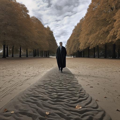 A powerful and symbolic image featuring a person walking in a well-defined and detailed manner, without altering or softening their facial features. The individual in the photo is dressed in a black suit, like a successful lawyer. The path on which the person is walking should be replaced with sea sand, and the scenario should represent the classic biblical scene of Moses parting the Red Sea. The person in the photo should appear to be walking calmly and alone through the opened Red Sea passage. This striking image is captured using a Canon EOS 5D Mark IV DSLR camera with an EF 24-70mm f/2.8L II USM lens, allowing for sharp focus on the individual's face and highlighting the intricate details of their expression. The photograph is taken with an aperture of f/4.0, ISO 100, and a shutter speed of 1/250 sec to balance the lighting and create a dramatic contrast between the individual and the parted Red Sea. The composition of the photo places the individual in the center of the frame, with the angle emphasizing their confident stride as they walk along the sea sand path. The background showcases the iconic biblical scene of Moses parting the Red Sea, with towering walls of water on either side of the person, conveying a sense of awe and divine intervention. The well-dressed individual in the black suit symbolizes success and determination, while the serene walk through the miraculous passage highlights their faith and inner strength. The combination of these elements creates an inspiring image that evokes the power of belief and the triumph of overcoming obstacles. --v 5 --s 750