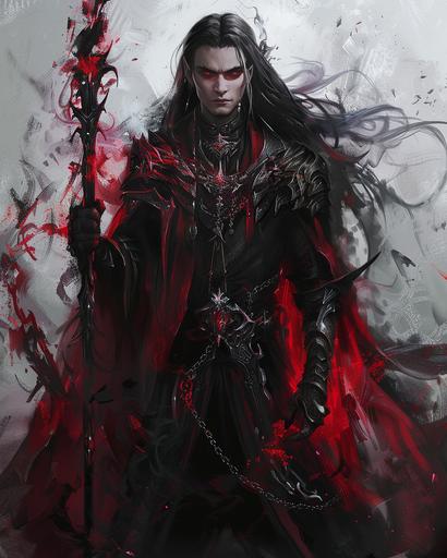 A powerful fiend, nine feet tall, His physique is lean and sinewy, his skin as black as obsidian, his veins glow beneath his skin, Long flowing locks of black hair, handsome face, His eyes are an intense red, Dressed in robes of darkest crimson adorned with intricate patterns of infernal sigils and arcane runes. Around his neck hangs a chain of black iron, He holds a scepter of twisted obsidian etched with runes of power and dripping with the icy magic, full body portrait, fantasy themed --ar 4:5