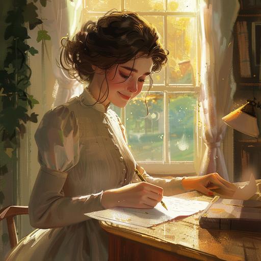 A pretty brunette with rosy cheeks and a dimple is writing a letter on a sheet of paper at a large desk in a cosy college room from the 1920s. She is dressed in a simple, high-necked gown from the 1920s with her hair in a simple knot and has a thoughtful smile on her face. There is an open window next to the desk with ivy creepers outside. Golden sunshine floods the room