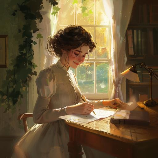 A pretty brunette with rosy cheeks and a dimple is writing a letter on a sheet of paper at a large desk in a cosy college room from the 1920s. She is dressed in a simple, high-necked gown from the 1920s with her hair in a simple knot and has a thoughtful smile on her face. There is an open window next to the desk with ivy creepers outside. Golden sunshine floods the room