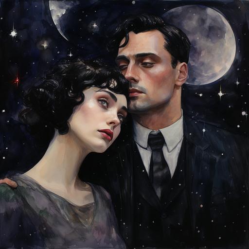 A pretty goth woman with short black hair, grey eyes, and a heart shaped face looks up lovingly at a distinguished man who resembles Rufus Sewell, under the stars and a shimmering moon. Hypermaximalist watercolor.