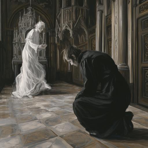 A priest bent on his knees on the main corridor of a gothic church, facing the altar. On the altar there is a mysterious ad elegant figure with a pale white face dancing maliciously. Holy painting. --v 6.0