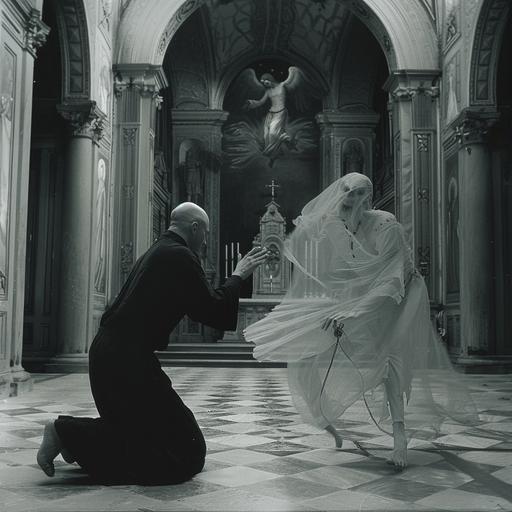 A priest bent on his knees on the main corridor of a gothic church, facing the altar. On the altar there is a misterious ad elegant figure with a pale white face dancing maliciously. Holy picture style.