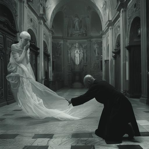 A priest bent on his knees on the main corridor of a gothic church, facing the altar. On the altar there is a misterious ad elegant figure with a pale white face dancing maliciously. Holy picture style.