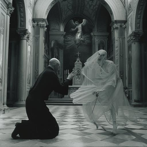 A priest bent on his knees on the main corridor of a gothic church, facing the altar. On the altar there is a mysterious ad elegant figure with a pale white face dancing maliciously. Holy picture style. The priest must have shoes. --v 6.0