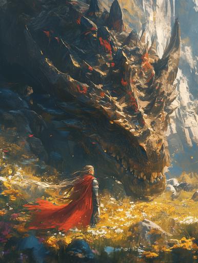 A princess and medieval knight confronting a giant orange black gold dragon in a field rocks, photo composition, cinematic shot, medieval grunge, action scene, motion trail wind, cave and flowers in background --ar 3:4 --niji 6 --s 250