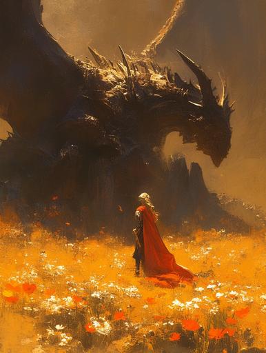 A princess and medieval knight confronting a giant orange black gold dragon in a field rocks, photo composition, cinematic shot, medieval grunge, action scene, motion trail wind, cave and flowers in background --ar 3:4 --niji 6 --s 250