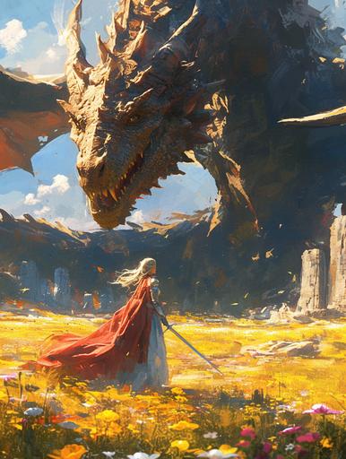 A princess and medieval knight confronting a giant orange black gold dragon in a field rocks, photo composition, cinematic shot, medieval grunge, action scene, motion trail wind, cave and flowers in background --ar 3:4 --niji 6 --s 250