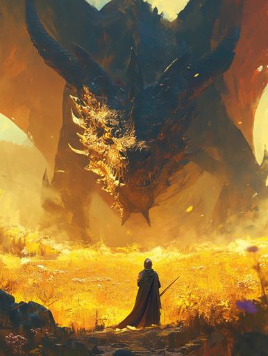 A princess and medieval knight confronting a giant orange black gold dragon in a field rocks, photo composition, cinematic shot, medieval grunge, action scene, motion trail wind, cave and flowers in background --ar 3:4 --niji 6