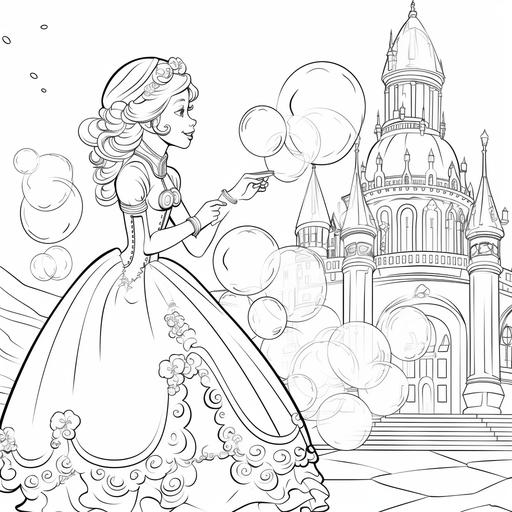A princess blowing soap bubbles. b/w outline art for kids coloring book page, dynamic movement, full white, kids style, a castle background, whole body, Sketch style, full body (lI|(white background))))), only use outline., cartoon style, line art, coloring book, clean line art, white background, Sketch style --no dark hair