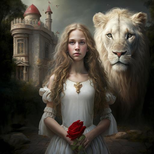 A princess of sixteen, with golden hair, big eyes, double eyelids, fair skin, no freckles, little red lips, wearing a white skirt and red shoes, was standing in front of the castle in a forest, with a rose in her hand, riding on a lion