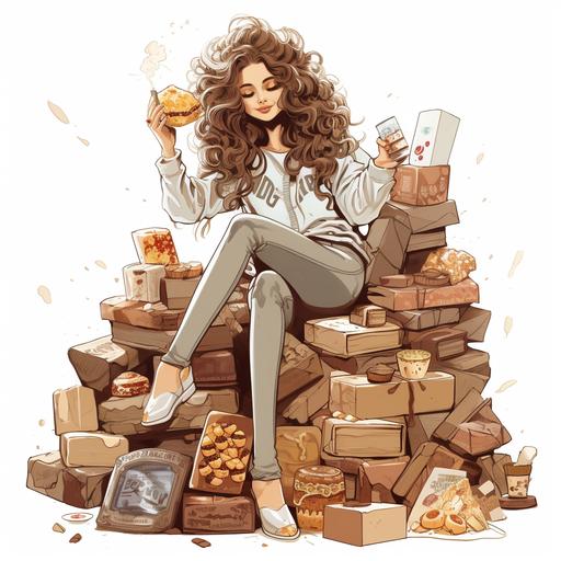 A princess sits on a pile of express boxes and eats cakes and snacks Cartoon, Fashion Illustration, style comics, style renaissance