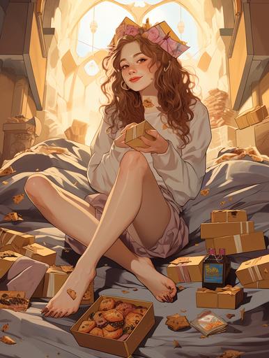 A princess sits on a pile of express boxes and eats cakes and snacks Cartoon, Fashion Illustration, style comics, style renaissance --ar 3:4