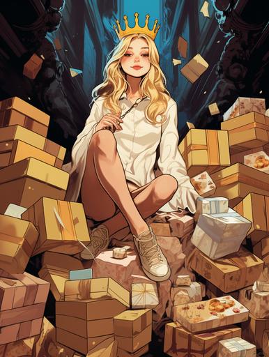 A princess sits on a pile of express boxes and eats cakes and snacks Cartoon, Fashion Illustration, style comics, style renaissance --ar 3:4