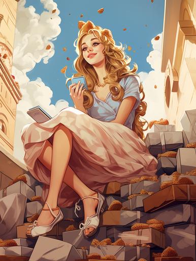 A princess sits on a pile of express boxes and eats cakes and snacks Cartoon, Fashion Illustration, style comics, style renaissance --ar 3:4