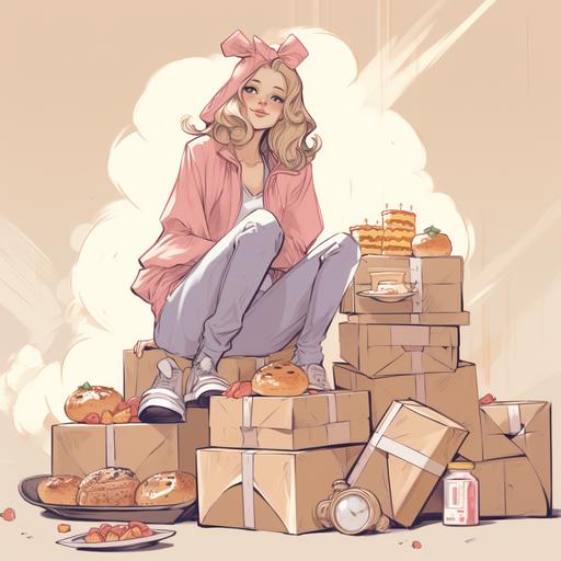 A princess sits on a pile of express boxes and eats cakes and snacks Cartoon, Fashion Illustration, style comics, style renaissance